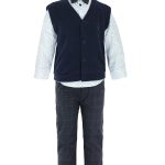 All stars Outfit set for boy white shirt with bow tie, gray plaid pants, and blue yarn vest