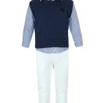 All stars Clothing set for boy blue striped shirt, white pants, and sleeveless blue blouse